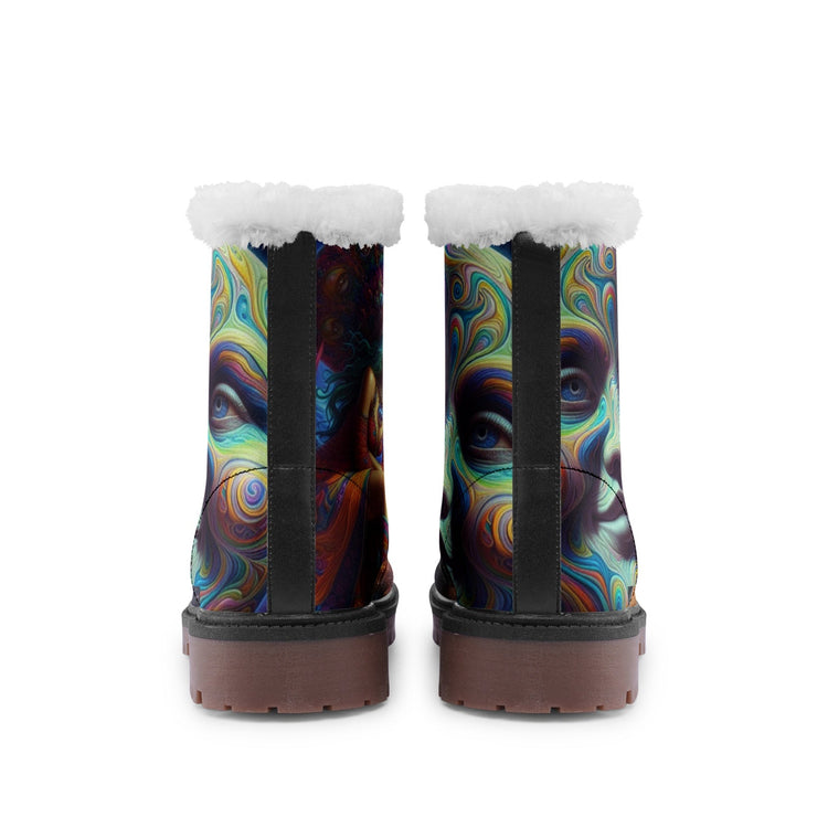 Hippie Art Zone - Smiling Moon Boho Faux Fur Leather Boots, Unique Bohemian Style Footwear