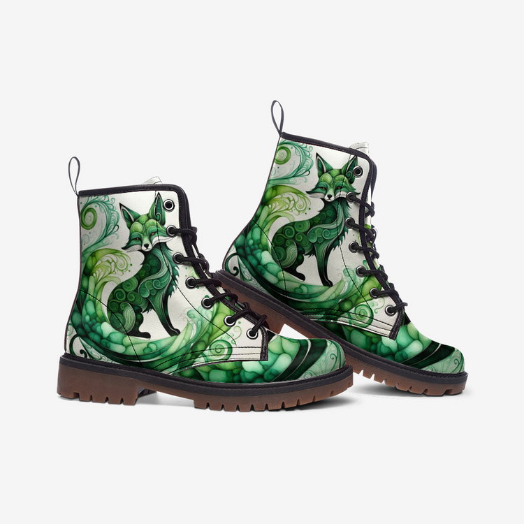 Hippie Art Zone - Vibrant Green Fox Casual Leather Lightweight Boots For Hippies