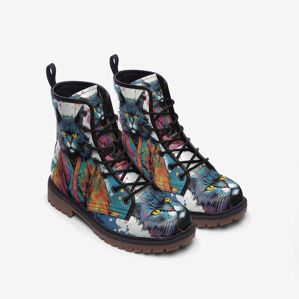 Hippie Art Zone - Japanese Cat on Leather Lightweight Boots for Hippies