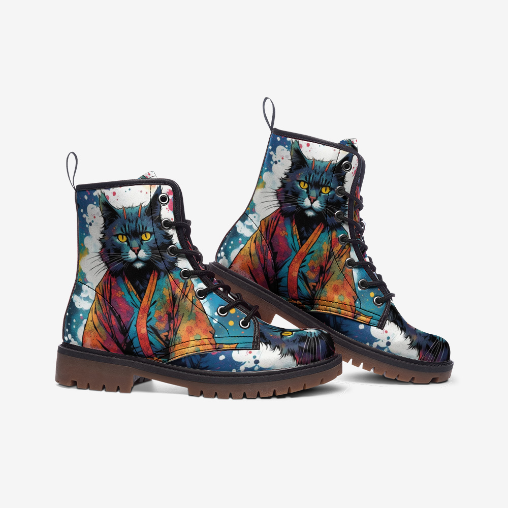 Hippie Art Zone - Japanese Cat on Leather Lightweight Boots for Hippies