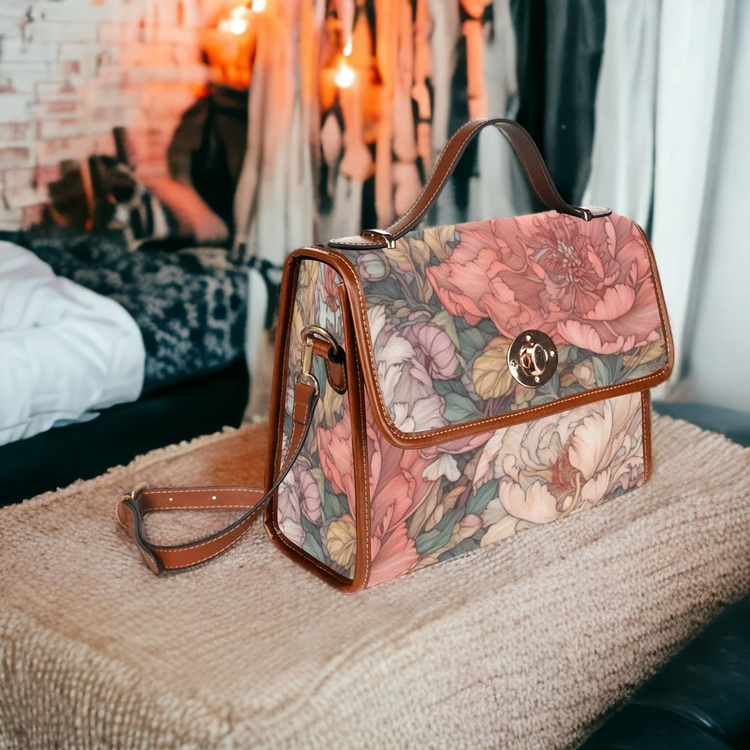 Cottagecore Boho Pink Coral Peony Floral Art Canvas Satchel Handbag For Boho Hippie
