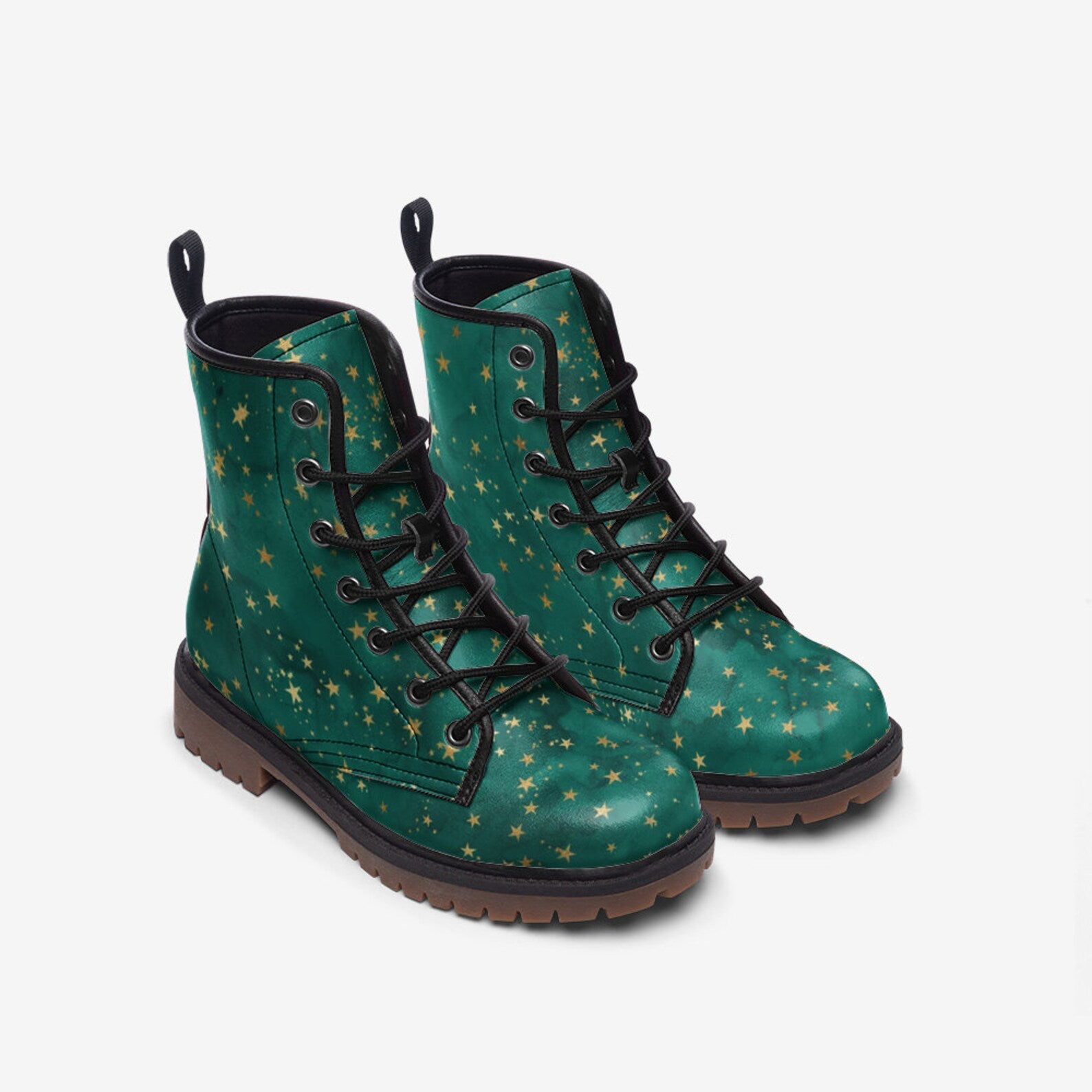 Hippie Art Zone - Teal & Gold Stars Vegan Combat Boots.