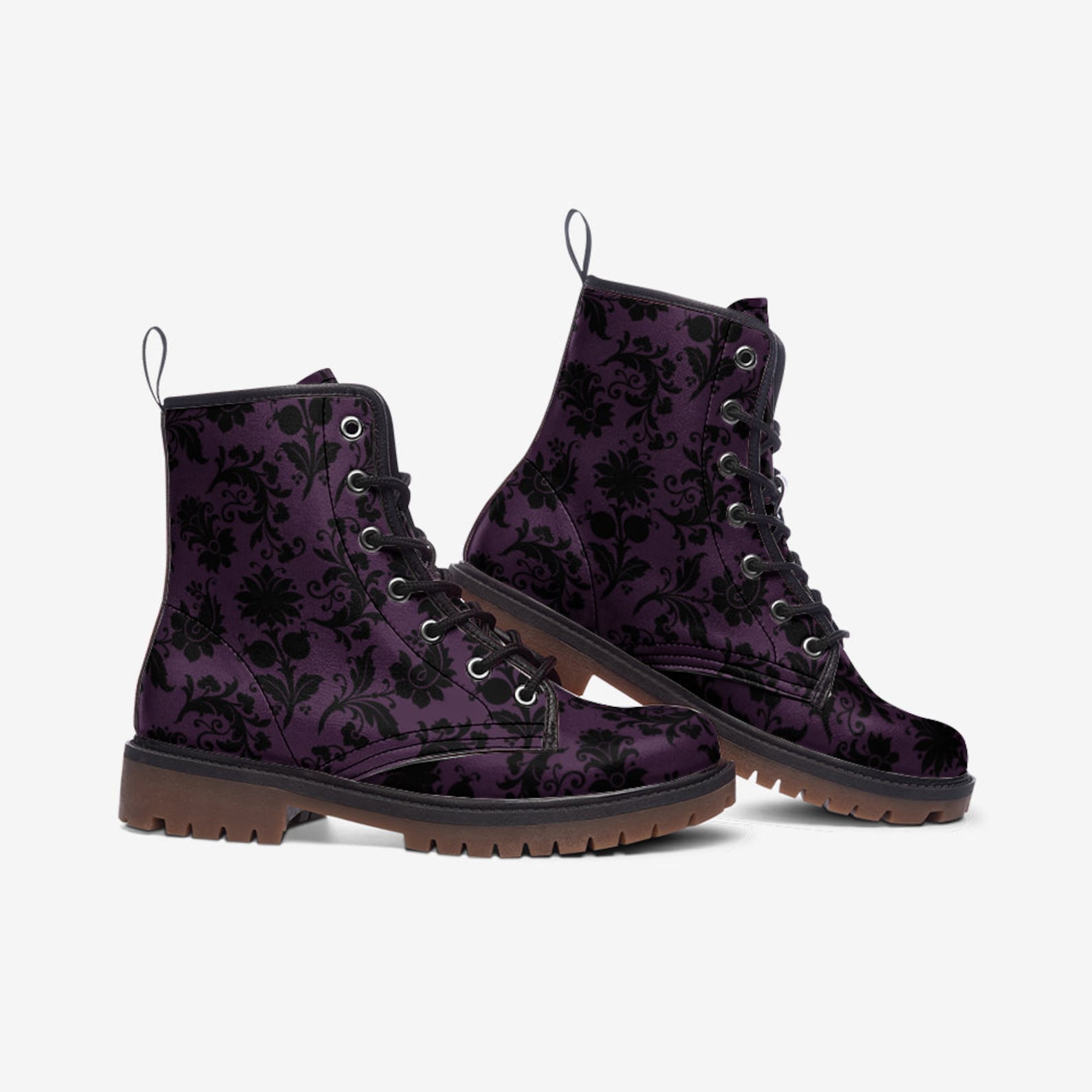 Hippie Art Zone - Gothic Purple & Black Brocade Vegan Combat Boots.