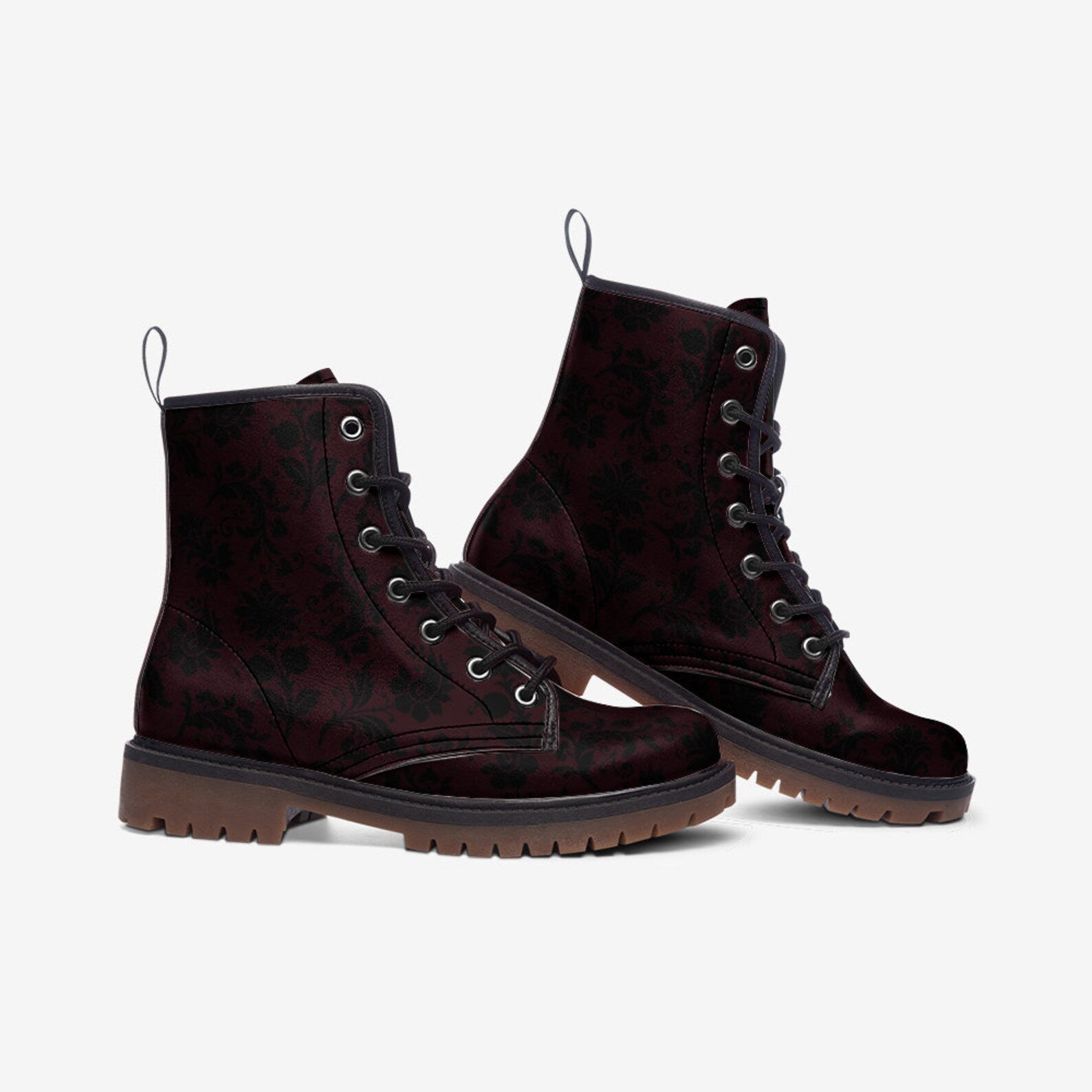 Hippie Art Zone - Gothic Burgundy & Black Brocade Vegan Combat Boots.