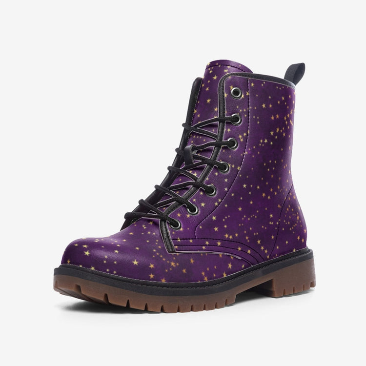 Hippie Art Zone - Purple & Gold Stars Vegan Combat Boots.