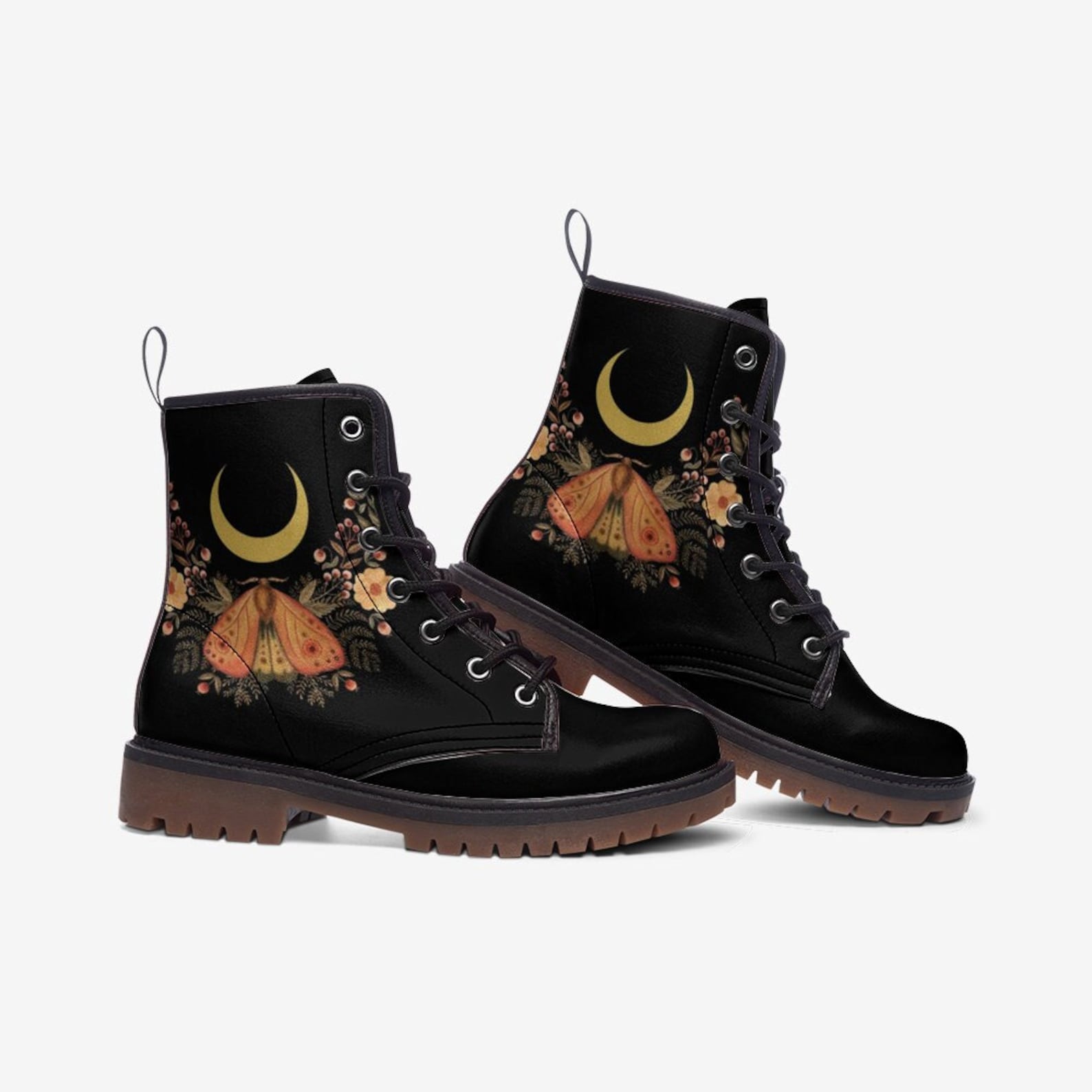 Hippie Art Zone - Celestial Floral Moon & Moth Vegan Leather Combat Boots.
