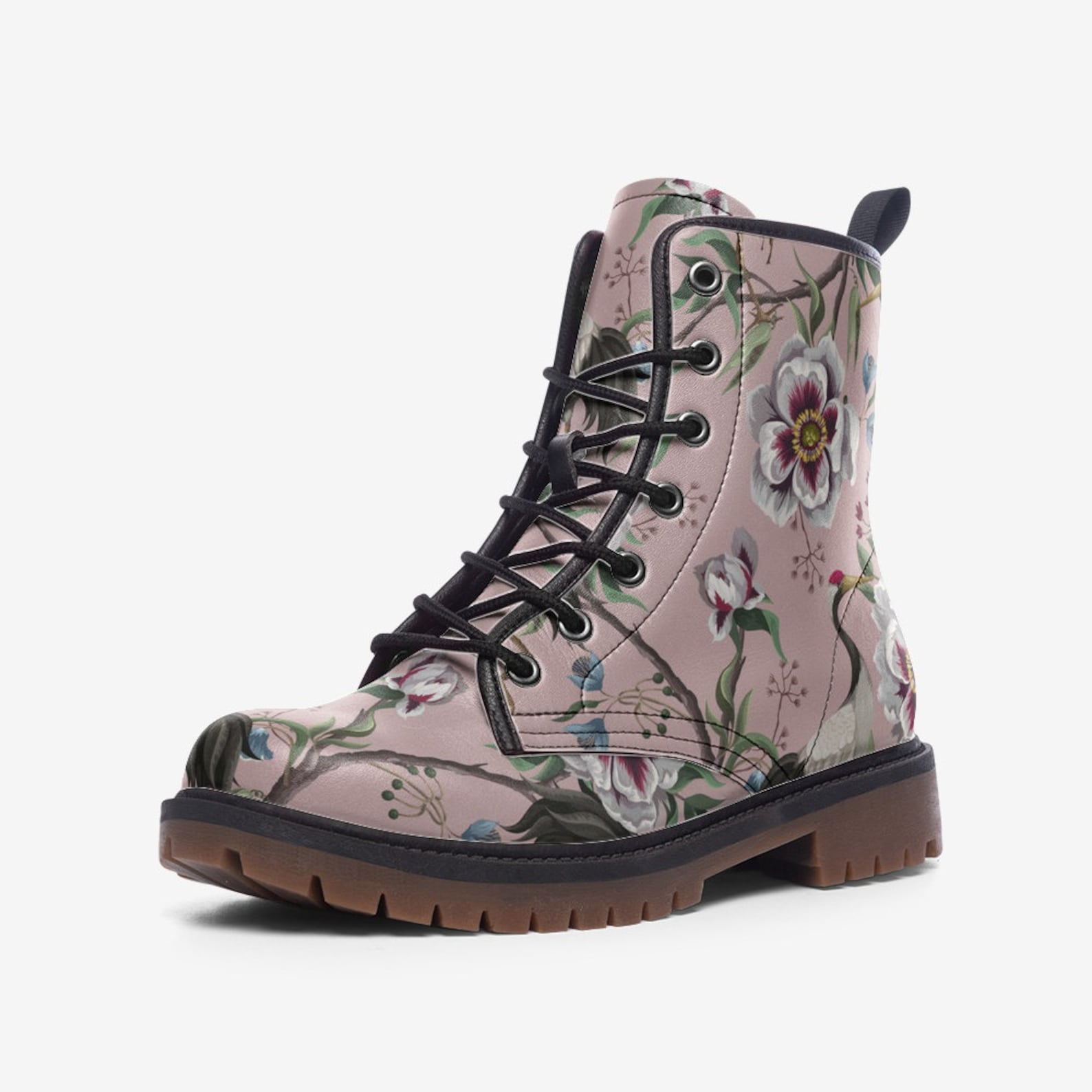 Hippie Art Zone - Pink & White Floral Vegan Combat Boots.