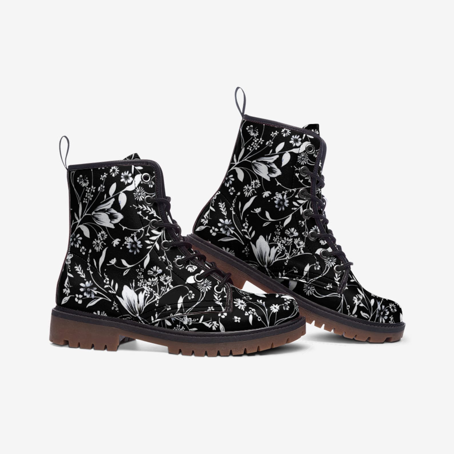 Hippie Art Zone - Black & White Floral Vegan Combat Boots.