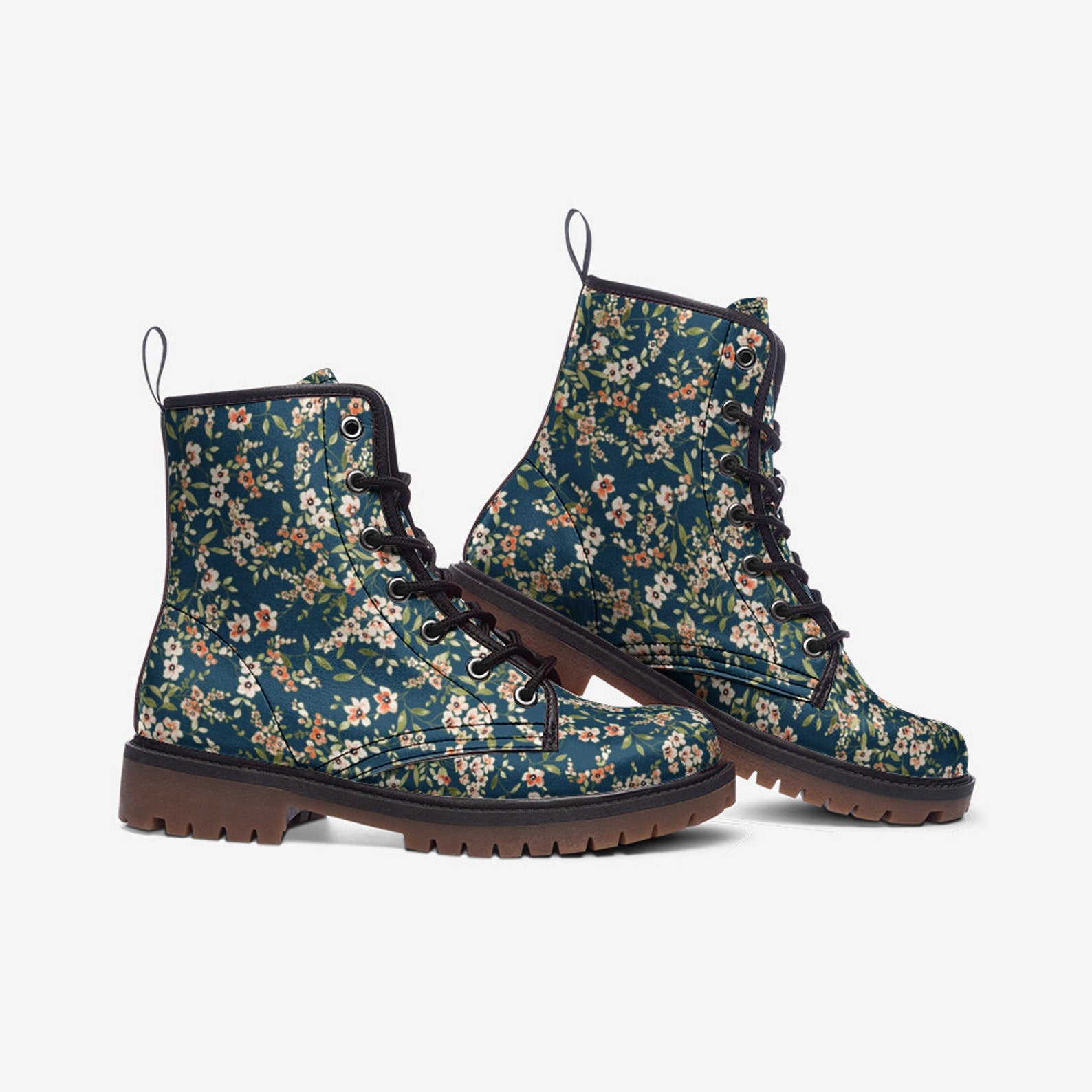 Hippie Art Zone - Blue & White Floral Vegan Combat Boots.