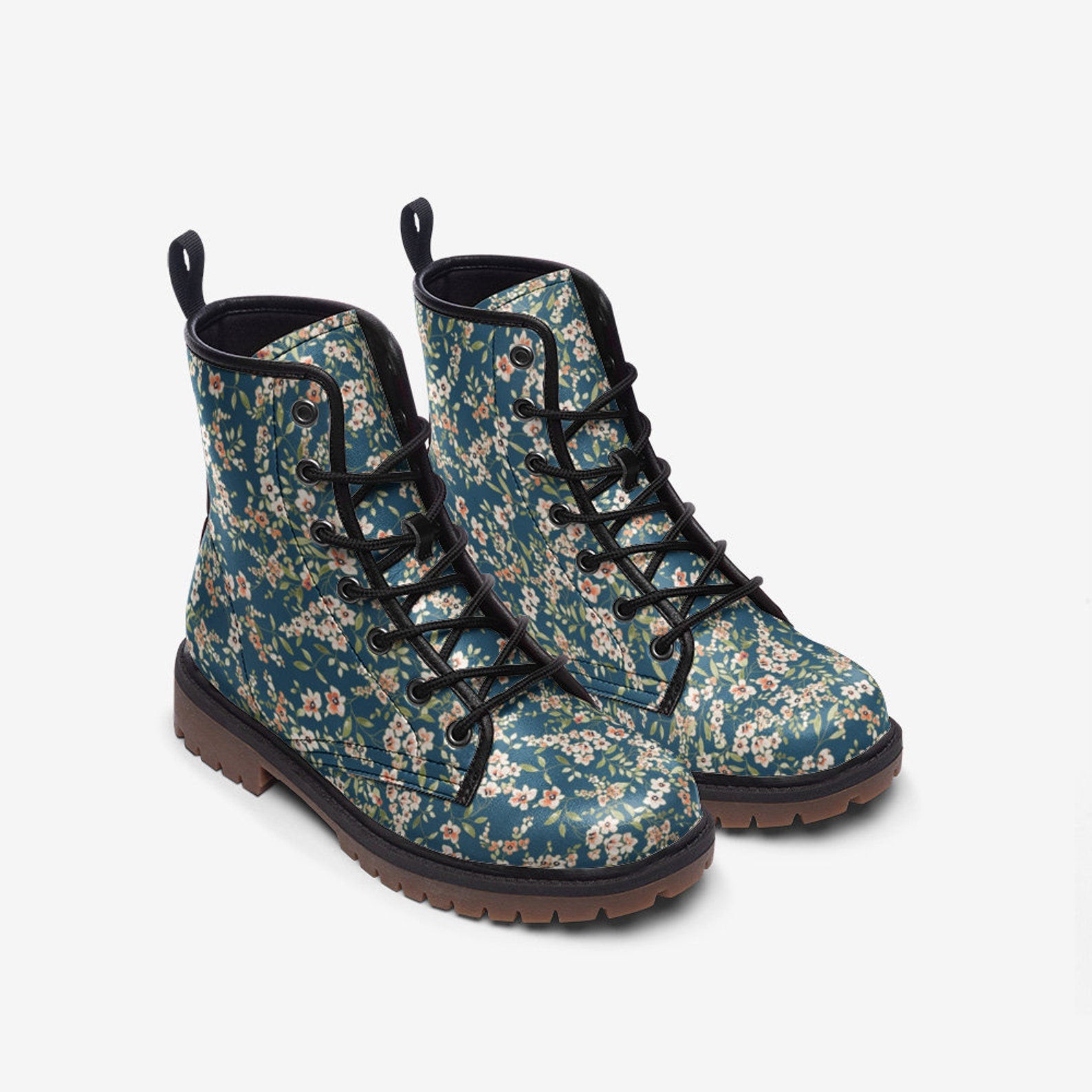 Hippie Art Zone - Blue & White Floral Vegan Combat Boots.
