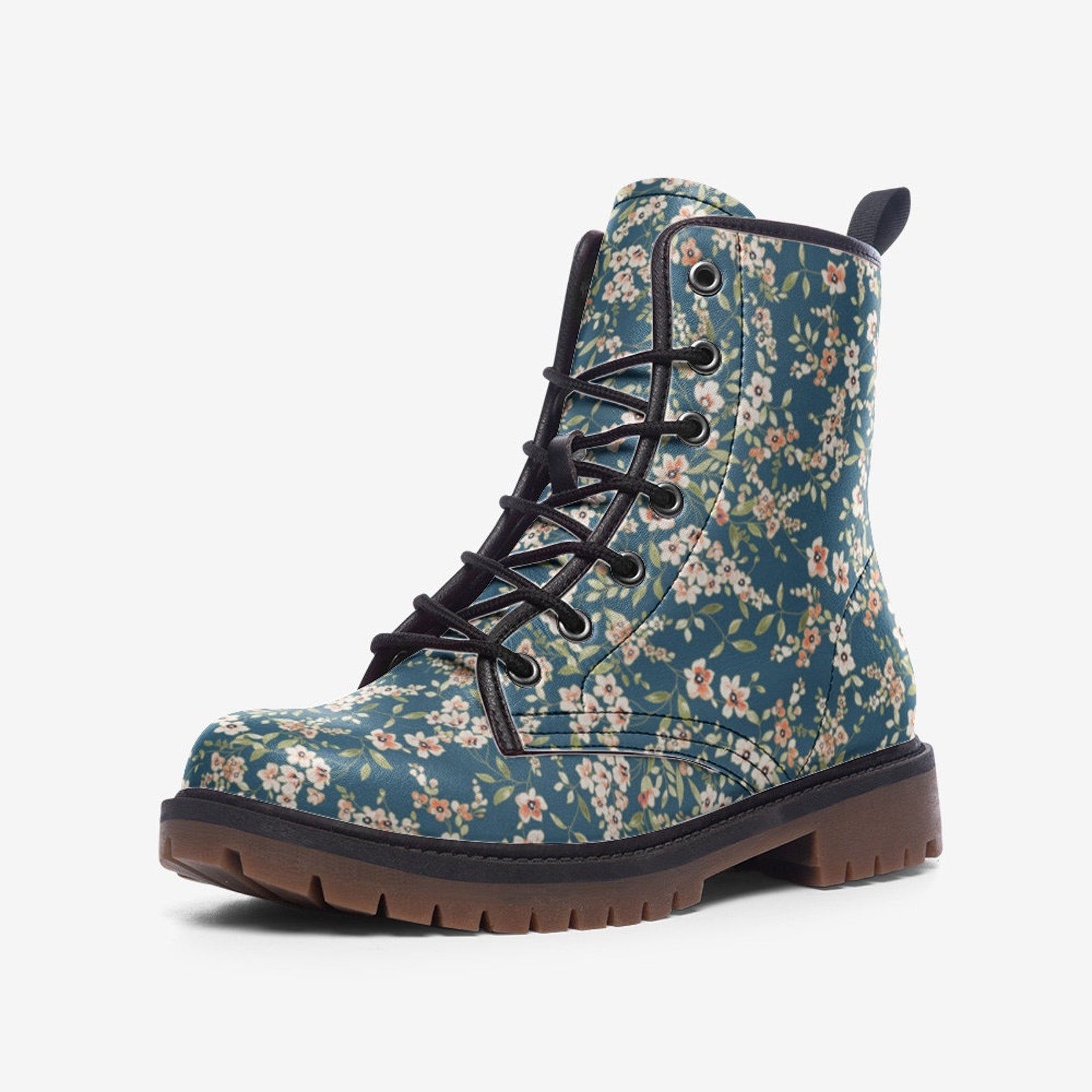 Hippie Art Zone - Blue & White Floral Vegan Combat Boots.