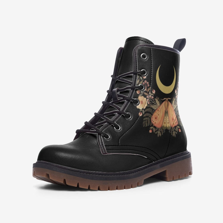 Hippie Art Zone - Celestial Floral Moon & Moth Vegan Leather Combat Boots.
