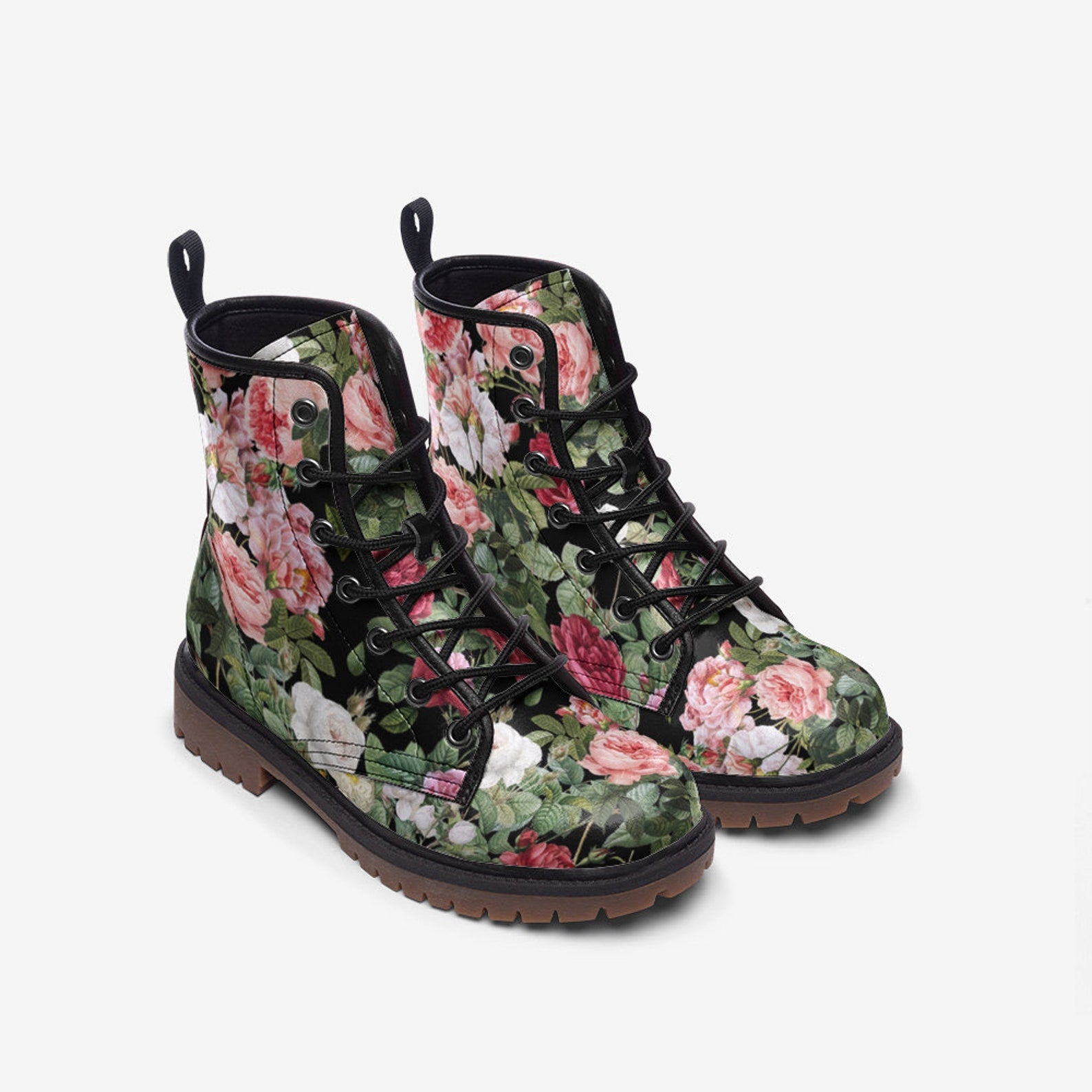 Hippie Art Zone - Vintage Roses Chintz Floral Vegan Combat Boots.