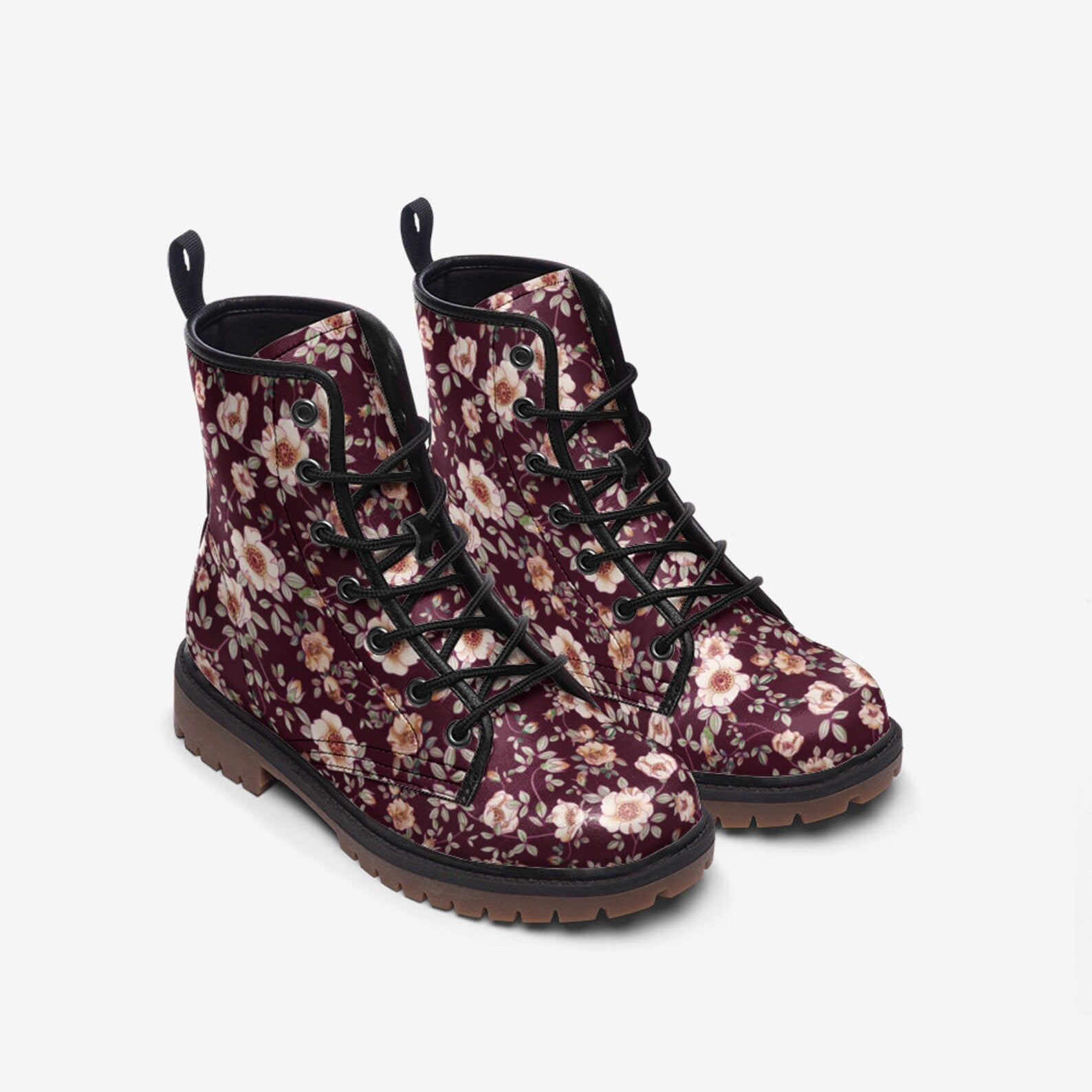 Hippie Art Zone - Deep Red & White Floral Vegan Boots.