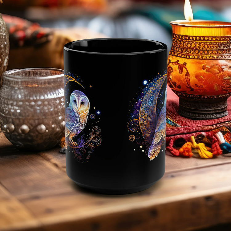 hippieartzone Mug - Celestial Style Electric Lunar Owl Coffee Mug.