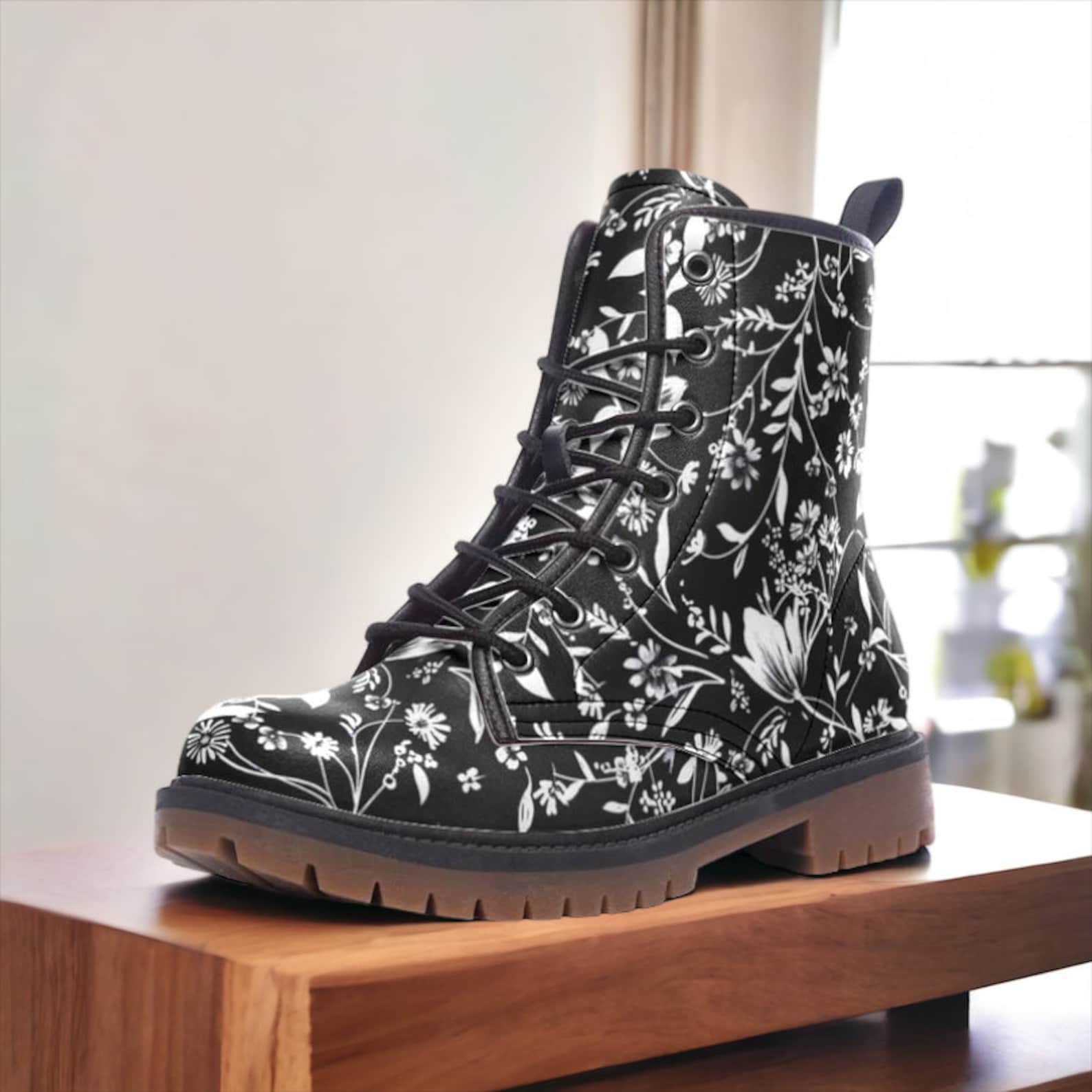 Hippie Art Zone - Black & White Floral Vegan Combat Boots.