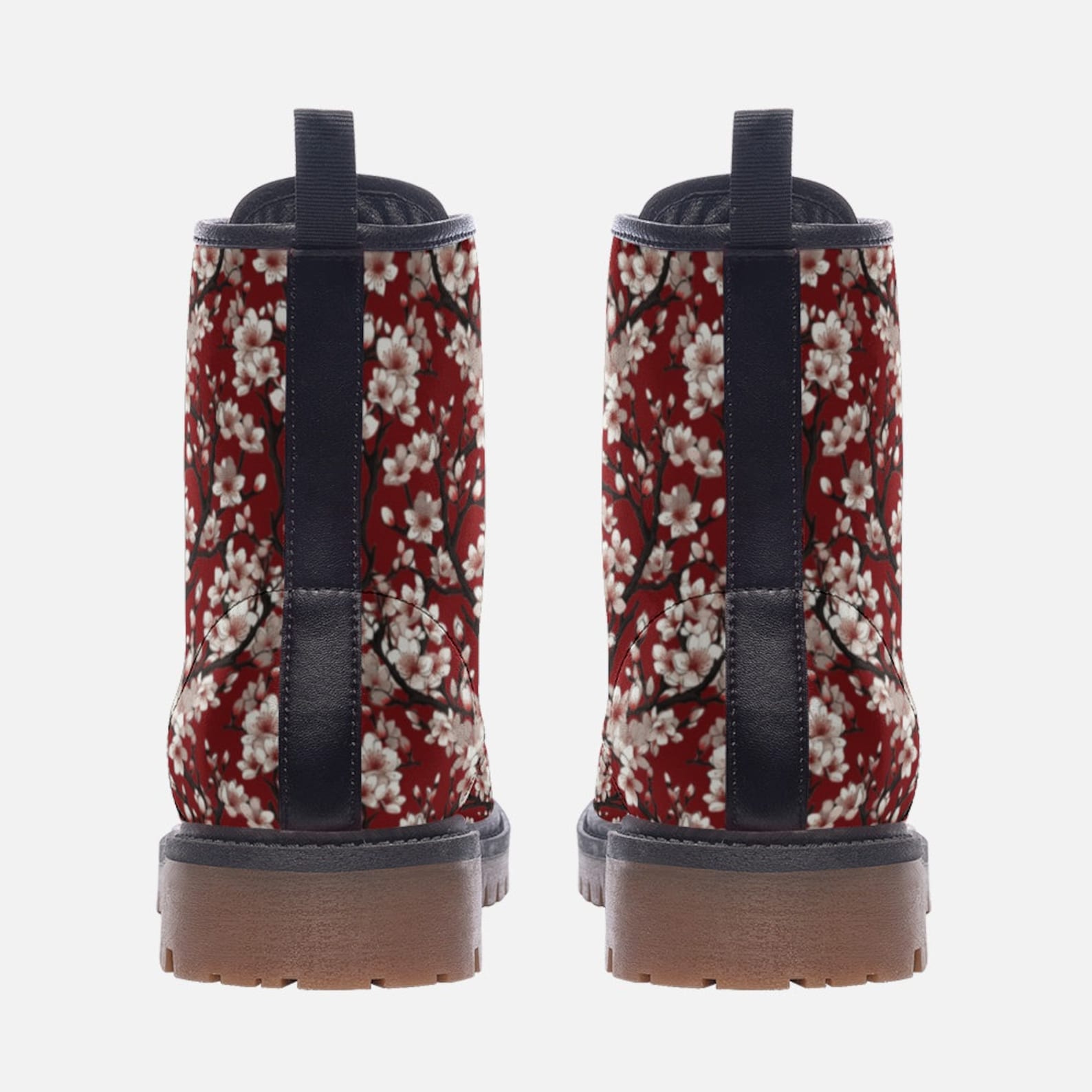 Hippie Art Zone - Red Cherry Blossoms Vegan Combat Boots, Red Sakura Boots.