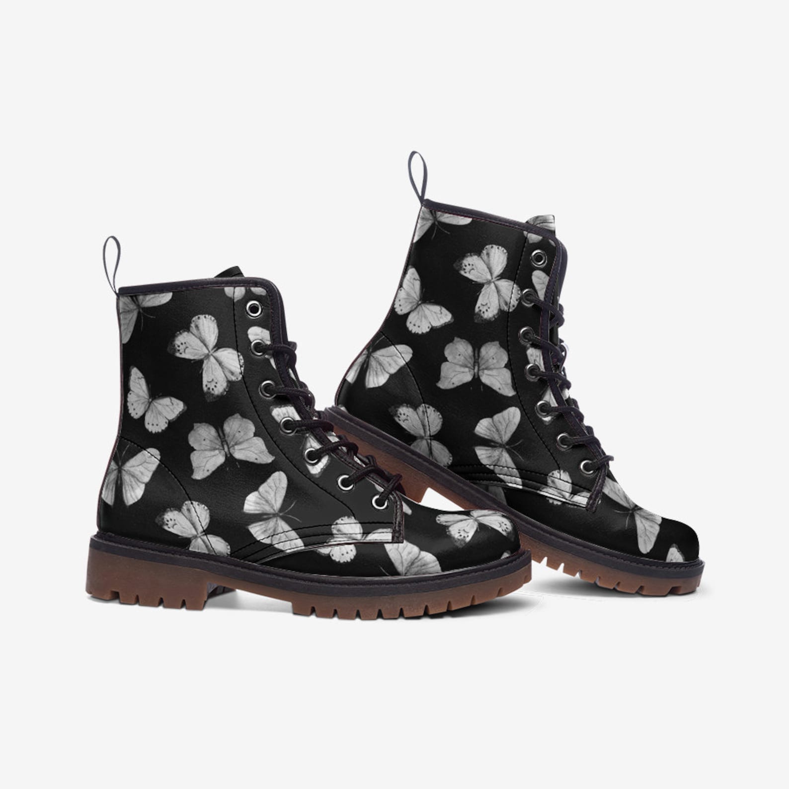 Hippie Art Zone - Black & White Butterflies Vegan Combat Boots.