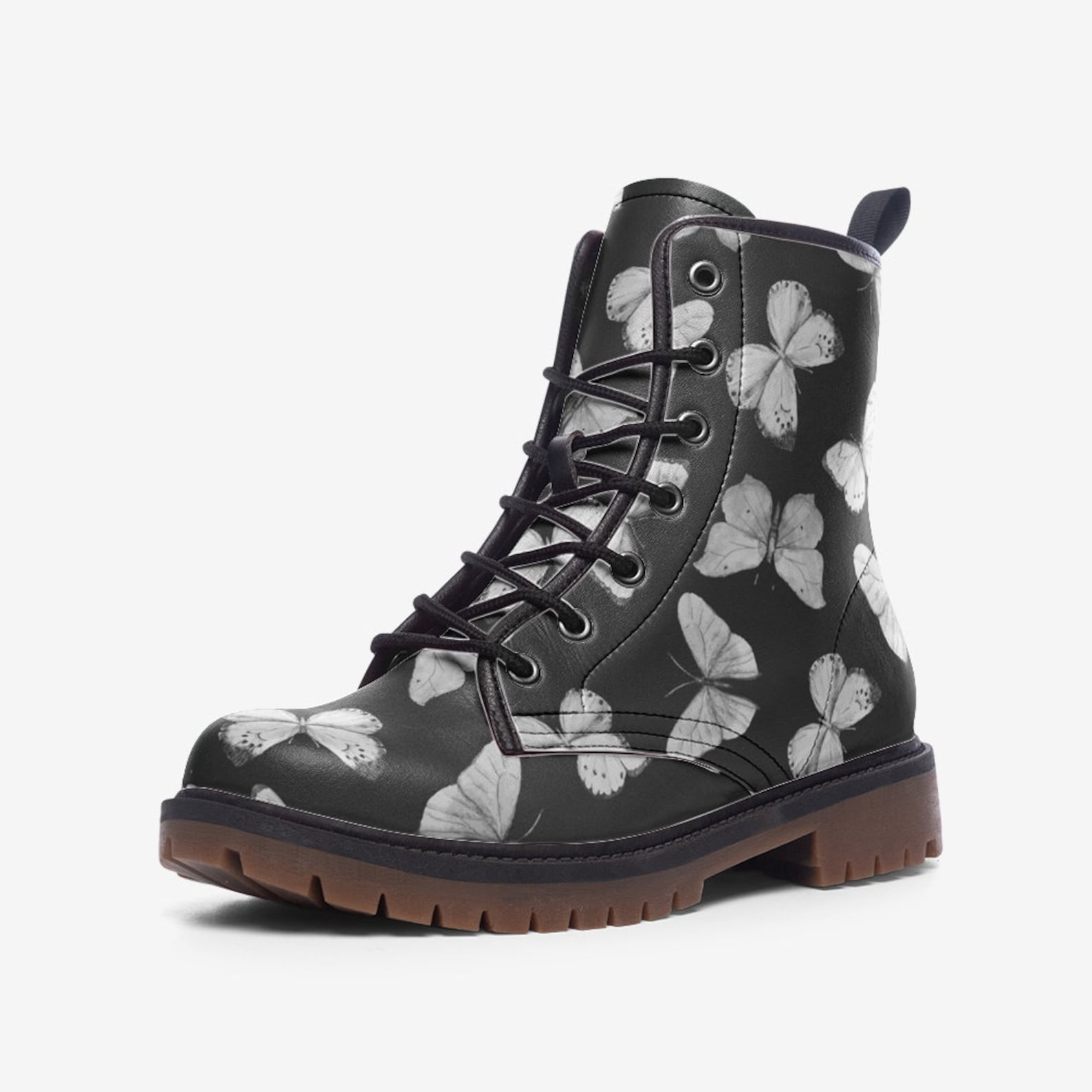 Hippie Art Zone - Black & White Butterflies Vegan Combat Boots.