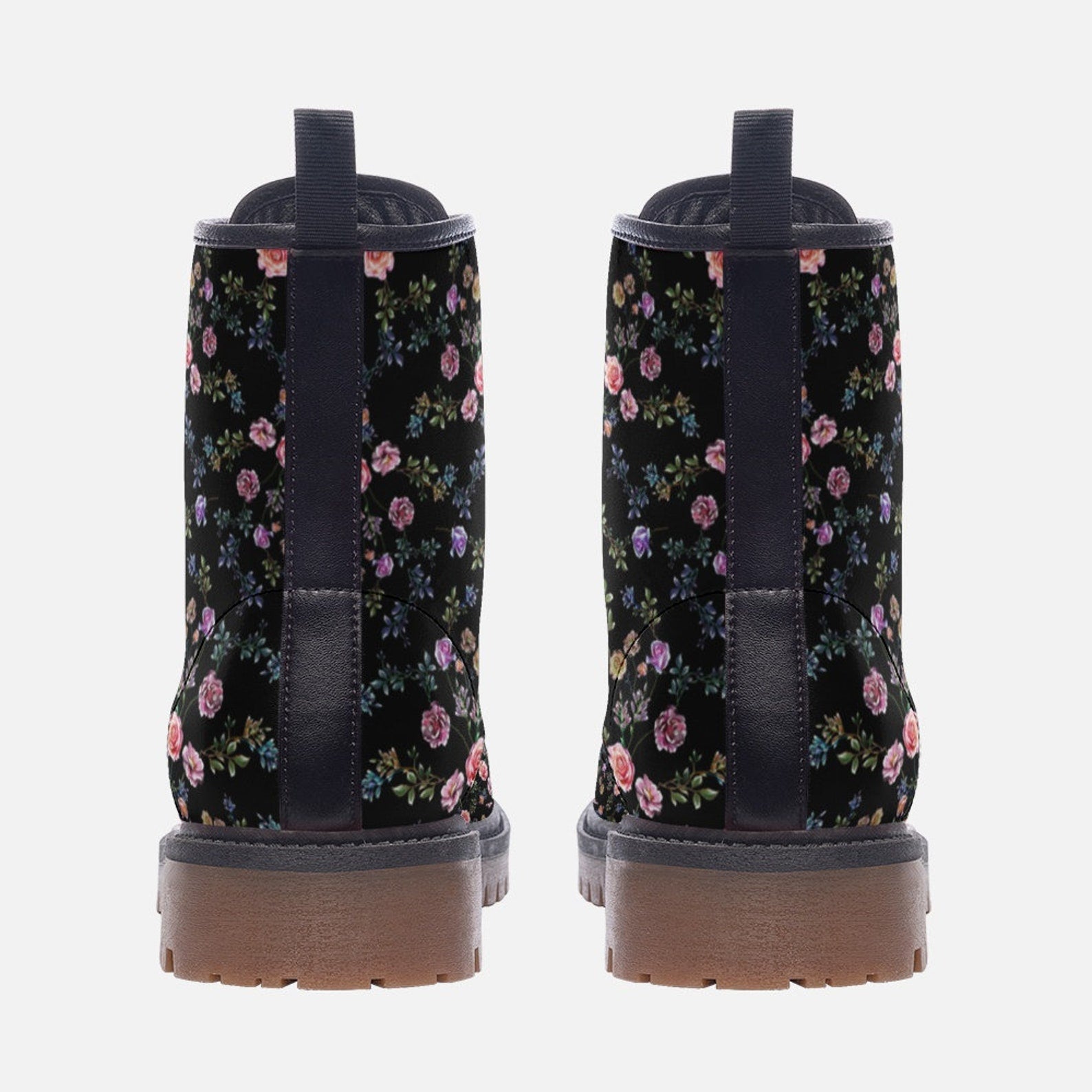 Hippie Art Zone - Cottage Dark Ditsy Floral Vegan Combat Boots.