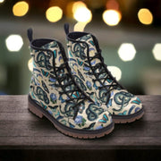 Hippie Art Zone - Boho Whimsical Blue and White Forestcore Vegan Combat Boot.