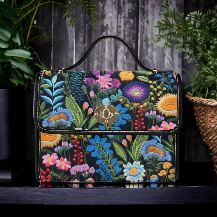 Boho FAUX-Embroidery Dark Cottagecore Botanical Satchel Handbag For Hippie