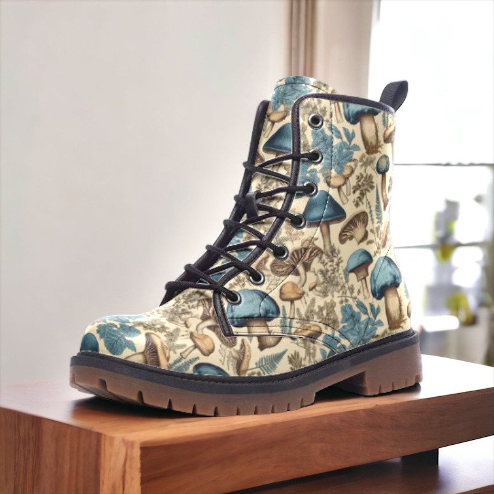 Hippie Art Zone - Cottagecore Blue Mushrooms Vegan Combat Boots.