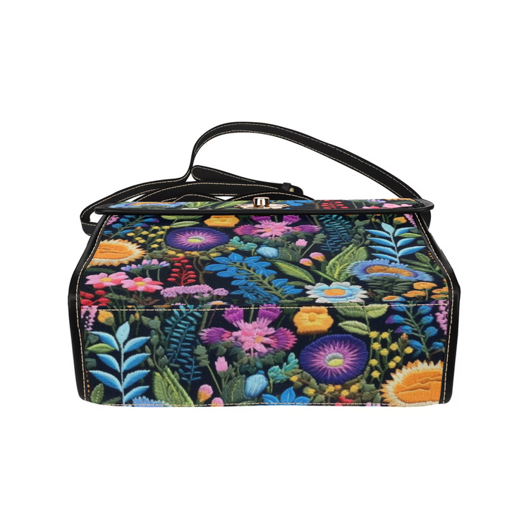 Boho FAUX-Embroidery Dark Cottagecore Botanical Satchel Handbag For Hippie