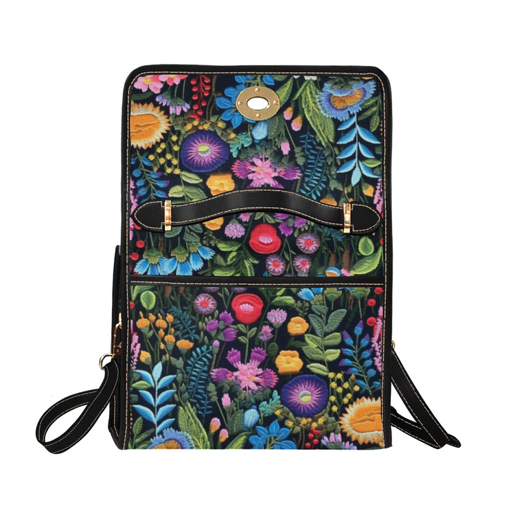 Boho FAUX-Embroidery Dark Cottagecore Botanical Satchel Handbag For Hippie