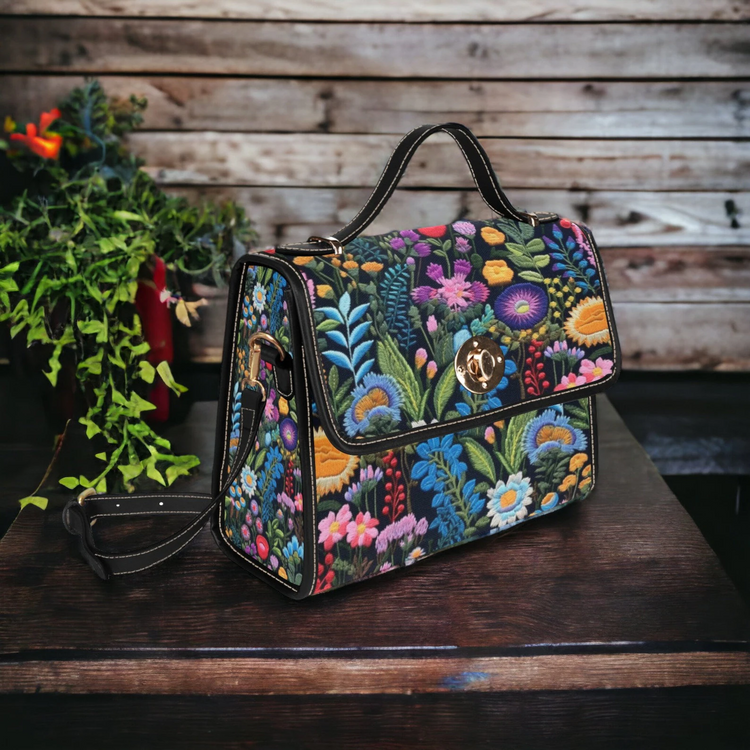 Boho FAUX-Embroidery Dark Cottagecore Botanical Satchel Handbag For Hippie
