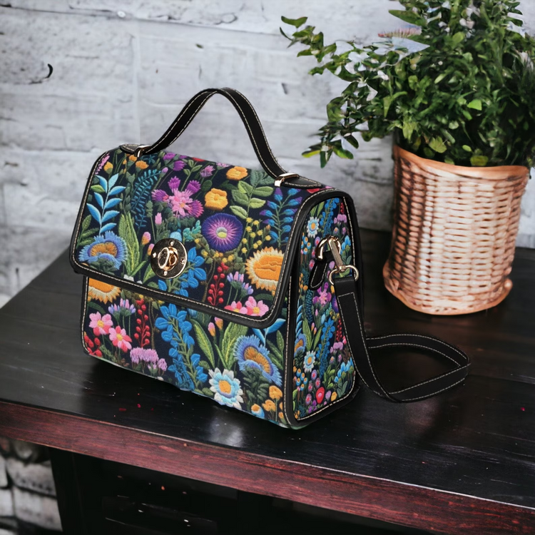Boho FAUX-Embroidery Dark Cottagecore Botanical Satchel Handbag For Hippie