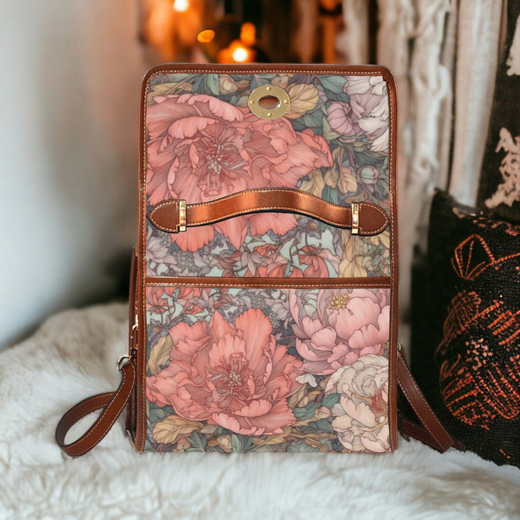 Cottagecore Boho Pink Coral Peony Floral Art Canvas Satchel Handbag For Boho Hippie