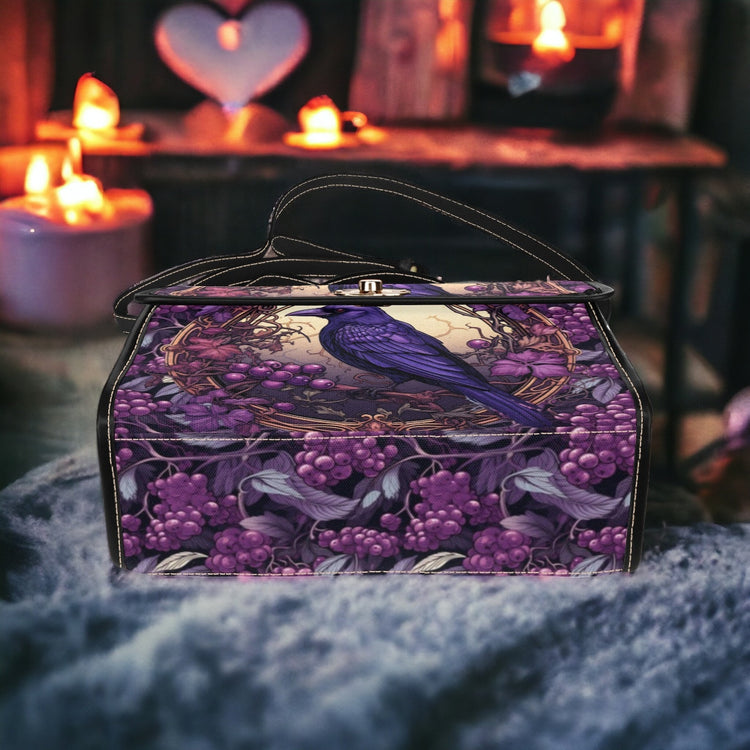 Cottagecore Purple Berry Forest Crow Canvas Satchel Handbag For Boho Hippie