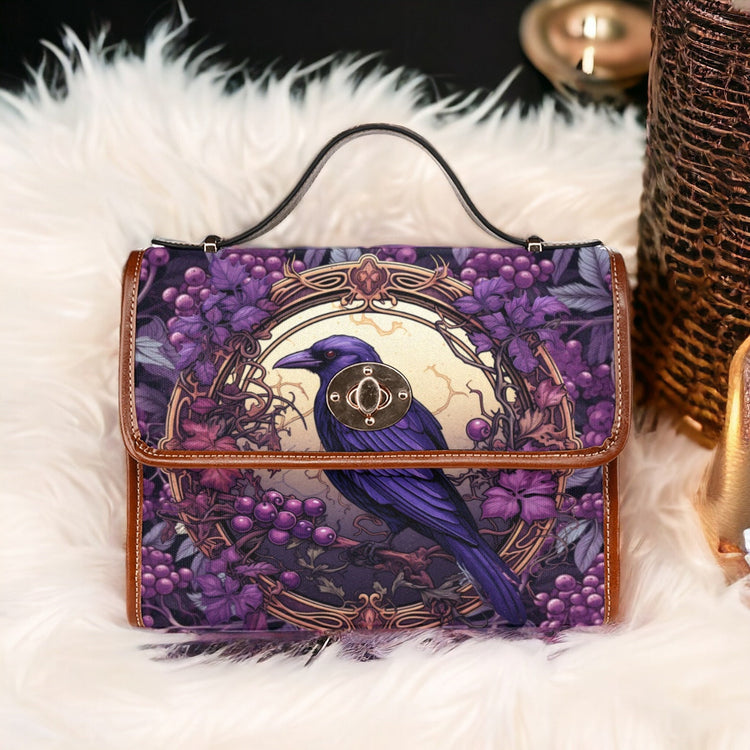 Cottagecore Purple Berry Forest Crow Canvas Satchel Handbag For Boho Hippie