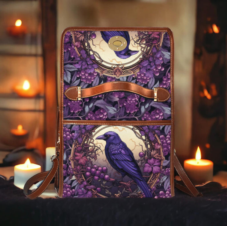 Cottagecore Purple Berry Forest Crow Canvas Satchel Handbag For Boho Hippie