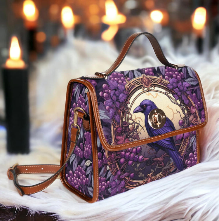 Cottagecore Purple Berry Forest Crow Canvas Satchel Handbag For Boho Hippie