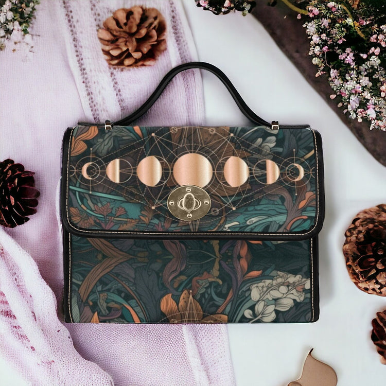 Teal Floral Moon Phase Retro Satchel Handbag For Boho Hippie