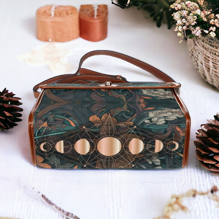 Teal Floral Moon Phase Retro Satchel Handbag For Boho Hippie