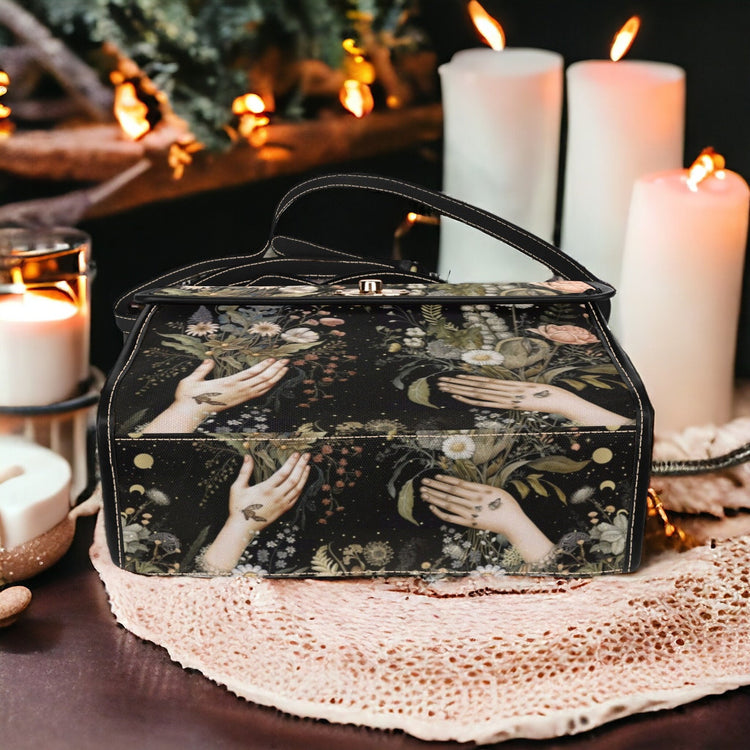 Cottagecore Witchy Wildflowers Forager Canvas Satchel Handbag For Boho Hippie