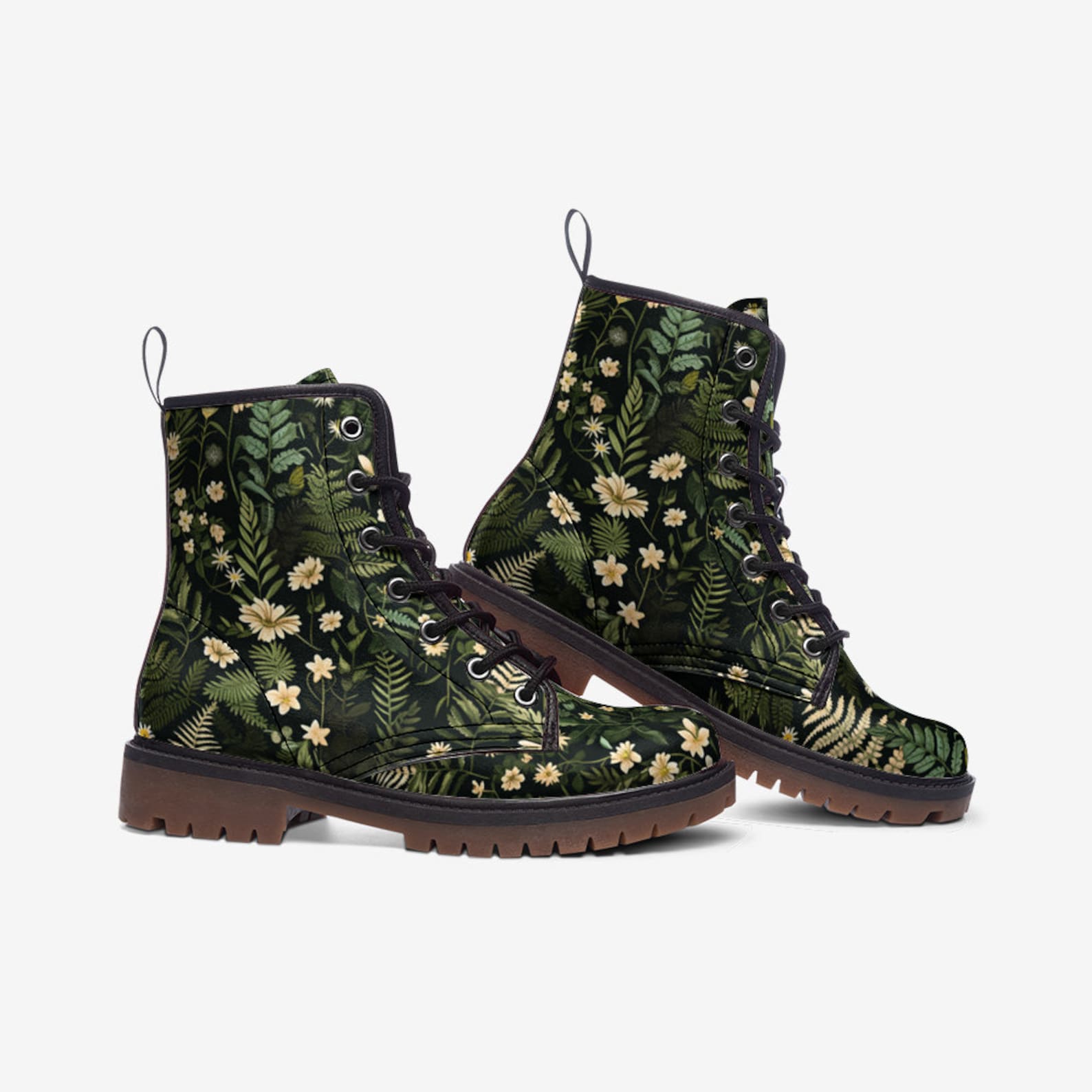 Hippie Art Zone- Dark Forest Ferns & Flowers Vegan Boots.