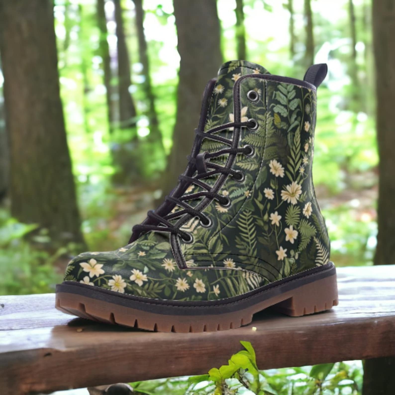 Hippie Art Zone- Dark Forest Ferns & Flowers Vegan Boots.