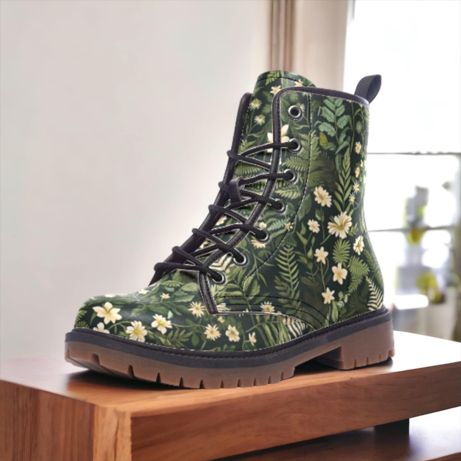 Hippie Art Zone- Dark Forest Ferns & Flowers Vegan Boots.