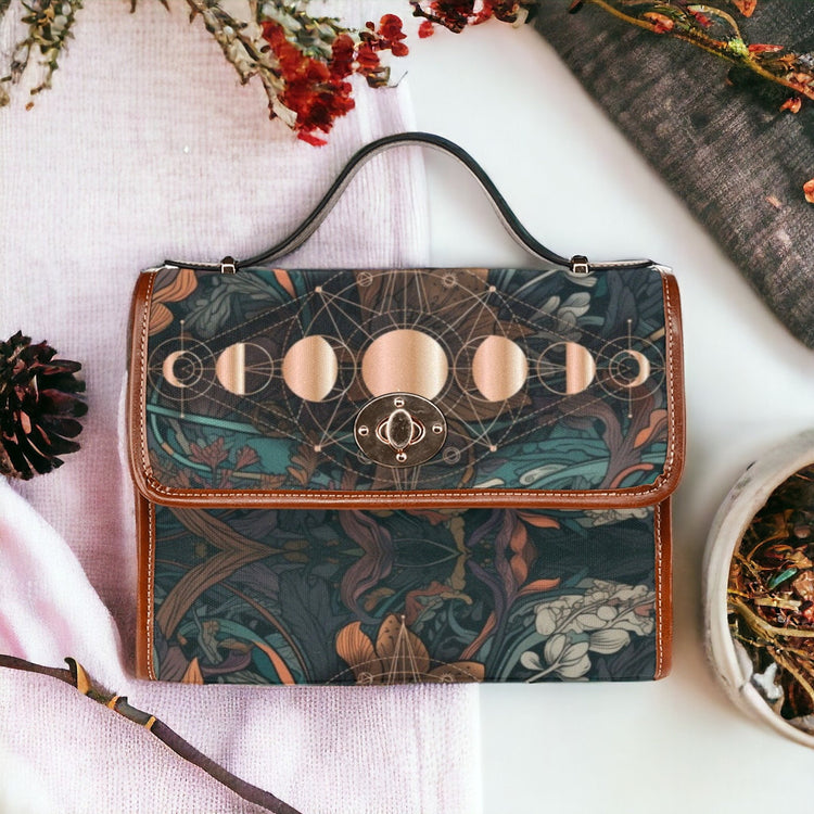 Teal Floral Moon Phase Retro Satchel Handbag For Boho Hippie