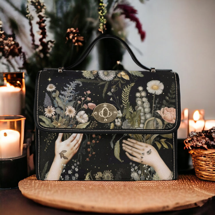 Cottagecore Witchy Wildflowers Forager Canvas Satchel Handbag For Boho Hippie