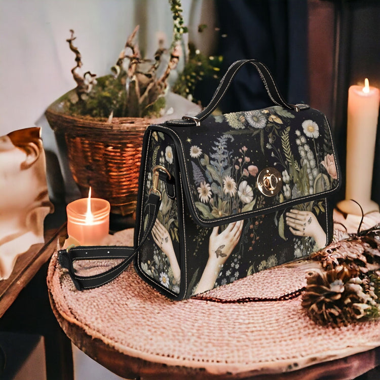 Cottagecore Witchy Wildflowers Forager Canvas Satchel Handbag For Boho Hippie
