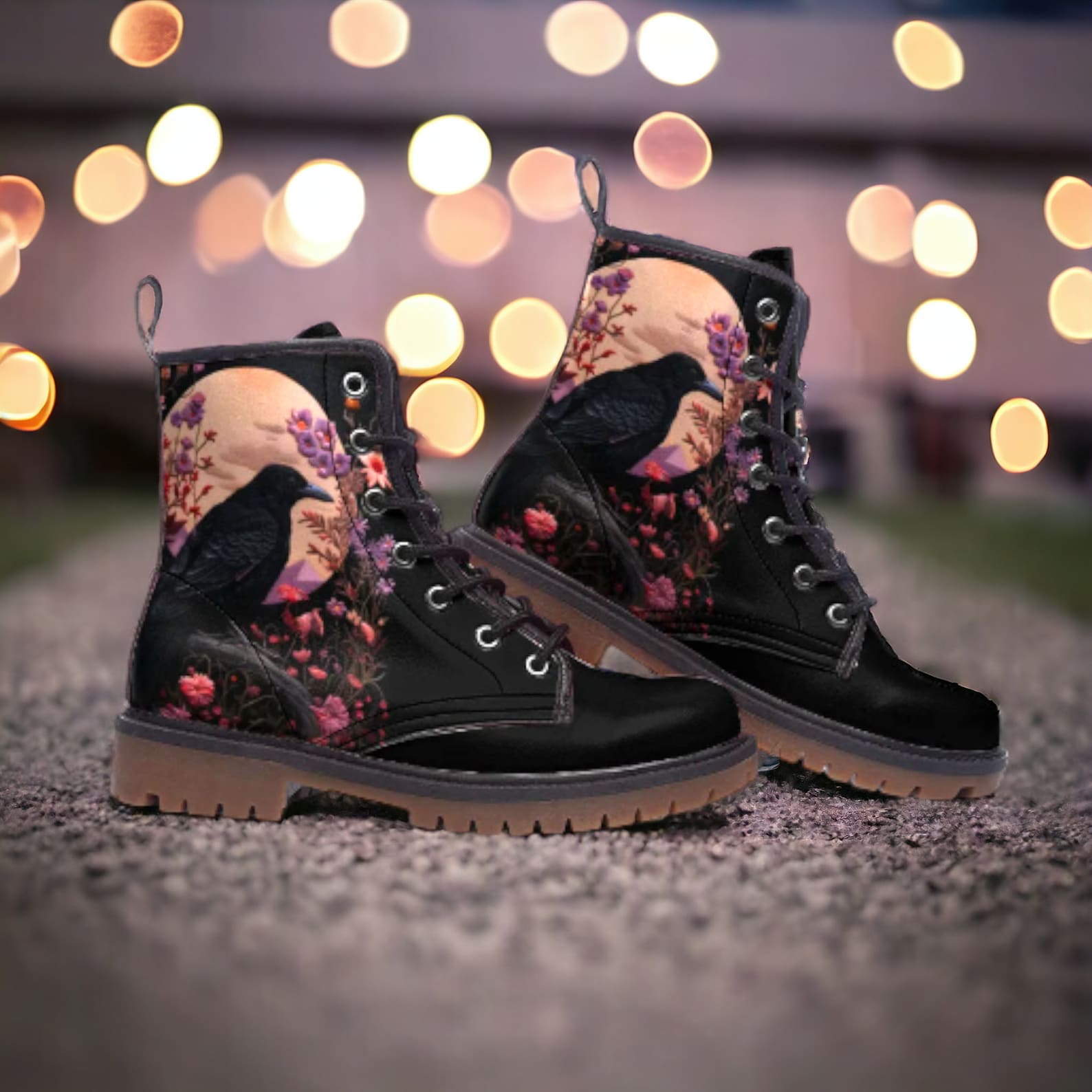 Hippie Art Zone - Faux-Embroidered Crow & Flowers Vegan Combat Boots.