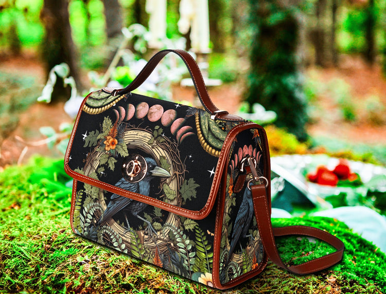 hippieartzone Bag - Witchy Raven Satchel Bag Crossbody Goth Handbag.