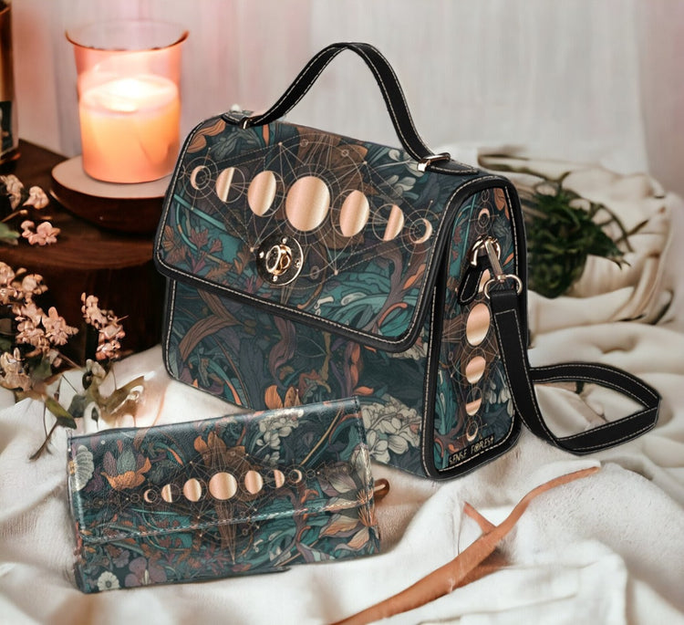Teal Floral Moon Phase Retro Satchel Handbag For Boho Hippie