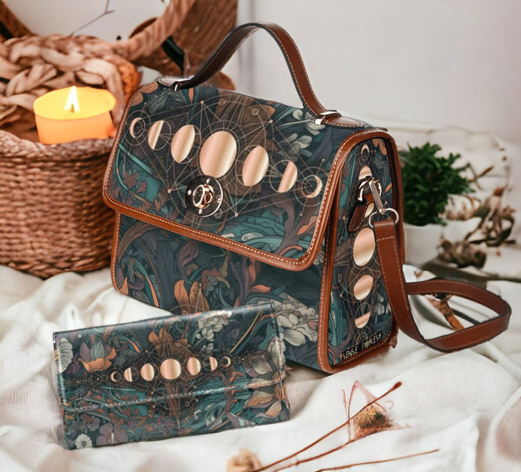 Teal Floral Moon Phase Retro Satchel Handbag For Boho Hippie