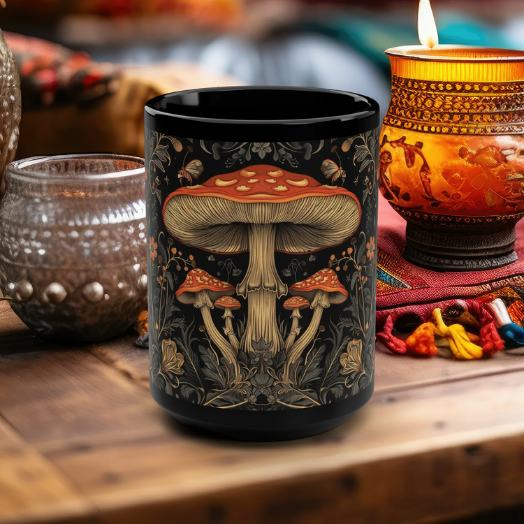 hippieartzone Mug - Mushrooms & Wildflowers Coffee Mug.